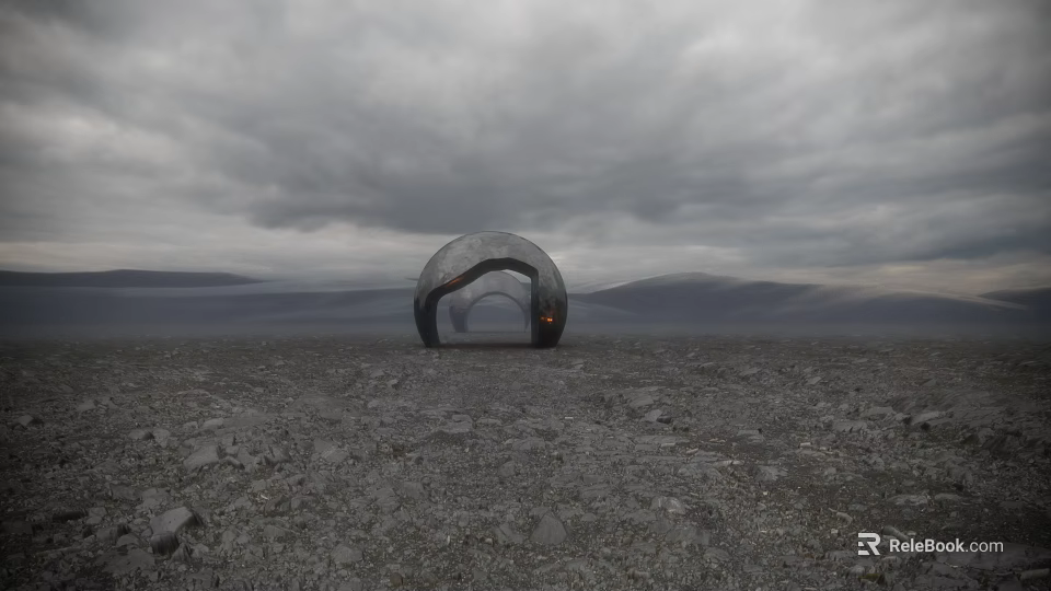 Mysterious Commercial Landscape With Large Arched Structure Barren Ground And Gray Sky 3d model 