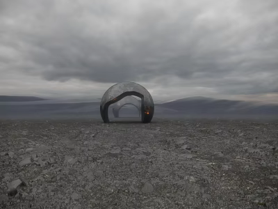 Mysterious Commercial Landscape With Large Arched Structure Barren Ground And Gray Sky 3d model