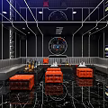 Modern KTV Room Interior With Large Screen Orange Sofas And Black Marble Flooring 3d model