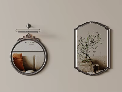 Decorative Mirrors On Beige Wall Reflecting Indoor Sofa And Green Plant With Ornate Frames 3d model