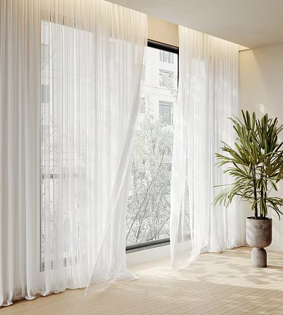White Sheer Curtains In Lightweight Fabric With Potted Plant And Trees Building Outside Window 3d model
