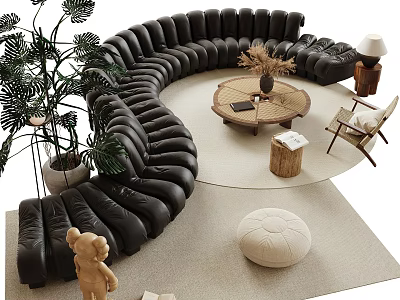 Black Curved Sofa And Round Wooden Coffee Table Set With Plants Stool Lamp And Decor 3d model