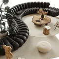 Black Curved Sofa And Round Wooden Coffee Table Set With Plants Stool Lamp And Decor