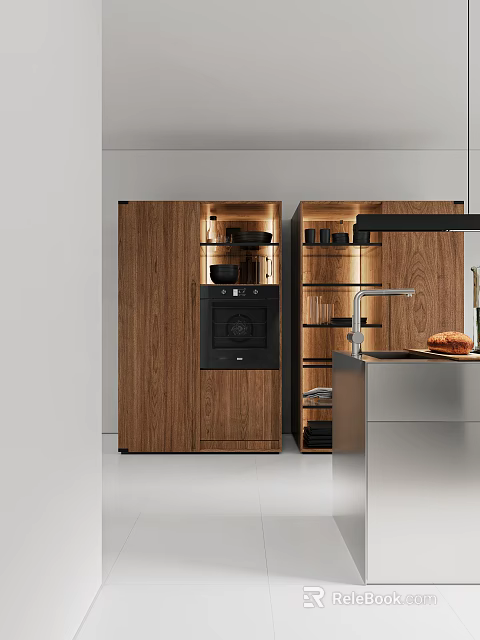 Modern Kitchen Interior With Wooden Cabinets Built in Oven Sink And Countertop Appliances 3d model 