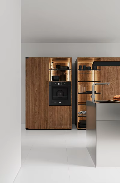 Modern Kitchen Interior With Wooden Cabinets Built in Oven Sink And Countertop Appliances 3d model