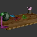 Wooden Desk Furniture With Table Lamp Dragon Figurines Pen Holder And Mobile Phone