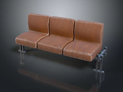 Modern Three Seat Public Chair With Brown Leather Surface And Metal Legs 3d model