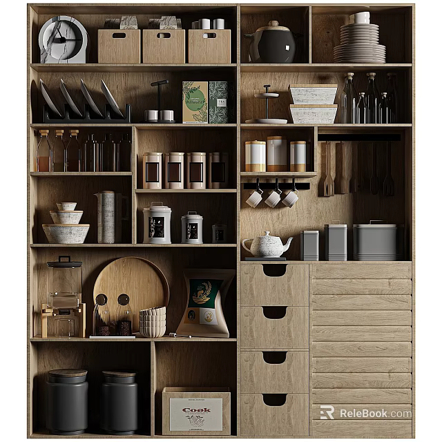 Wooden Kitchen Storage Shelves With Organized Spice Bottles And Kitchen Items 3d model 