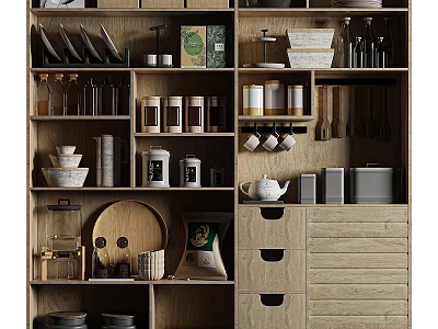 Wooden Kitchen Storage Shelves With Organized Spice Bottles And Kitchen Items 3d model
