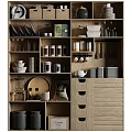 Wooden Kitchen Storage Shelves With Organized Spice Bottles And Kitchen Items