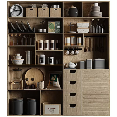 Wooden Kitchen Storage Shelves With Organized Spice Bottles And Kitchen Items 3d model