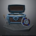 Open Treasure Chest Display With Gold Coins Sword And Shield On Hexagonal Stone Pedestal