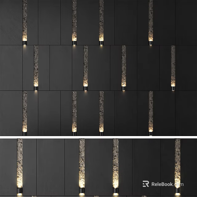 Bed Accent Wall With Dark Panels And Decorative Lights 3d model 