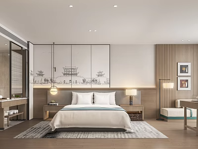 Hotel Guest Room Modern Interior With Comfortable Bed Wooden Elements And Decorative Paintings 3d model