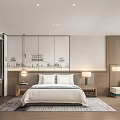 Hotel Guest Room Modern Interior With Comfortable Bed Wooden Elements And Decorative Paintings