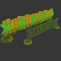 Yellow Traffic Barriers With Green Arrow Signs And Brown Fence On Wheeled Bases