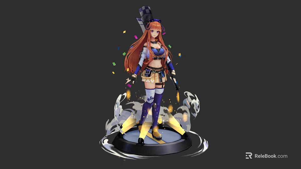 Game Character With Orange Long Hair Black Top Hat Blue Purple Outfit And Colorful Confetti 3d model 