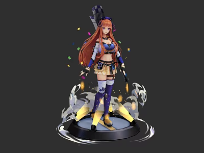 Game Character With Orange Long Hair Black Top Hat Blue Purple Outfit And Colorful Confetti 3d model