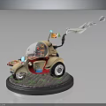 Beige Red Cartoon Car With Transparent Cabin Decorative Flags Smoke Trail On Display Platform