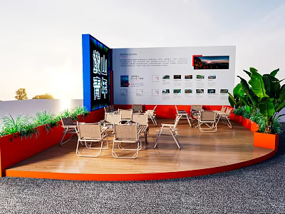 Open Leisure Area With Tables Chairs Screen Green Plants And Wooden Floor 3d model