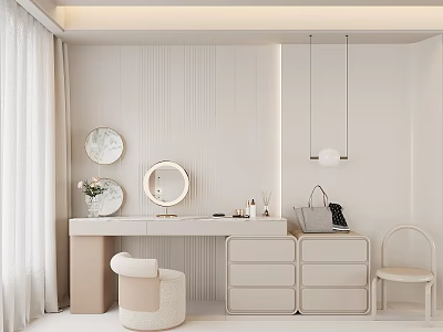 Modern Minimalist Dressing Table With Round Mirror Hanging Lights Storage Drawers And Stool 3d model