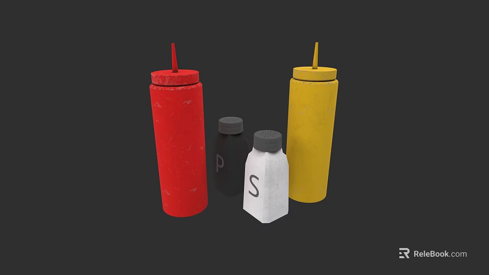Colorful Condiment Bottles Set Including Red Yellow Squeeze Bottles And Salt Pepper Shakers 3d model 