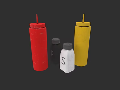 Colorful Condiment Bottles Set Including Red Yellow Squeeze Bottles And Salt Pepper Shakers 3d model