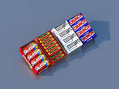 Assorted Skittles And Crunch Candy Packages With Colorful Wrappers For Snacking 3d model