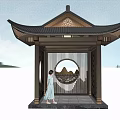Traditional Chinese Pavilion With Traditional Roof Circular Window And Person In White Dress Standing
