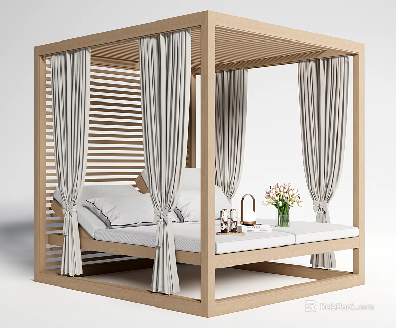Modern Wooden Canopy Daybed With White Curtains And Cozy Pillow Setup 3d model 