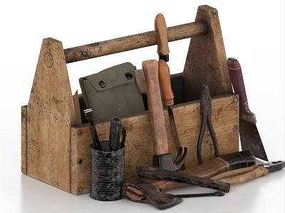 Vintage Assorted Hardware Tools in Wooden Toolbox with Hammer Pliers Screwdrivers and Axe 3d model