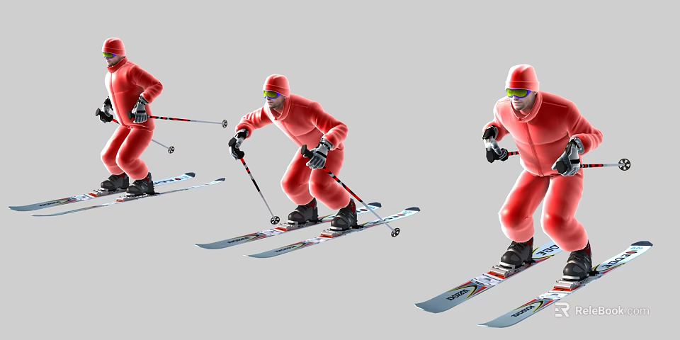 Three Men in Red Ski Suits Skiing with Different Poses Against Gray Background 3d model 