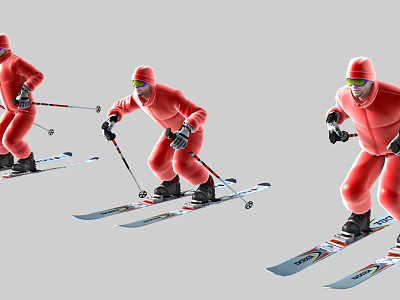 Three Men in Red Ski Suits Skiing with Different Poses Against Gray Background 3d model