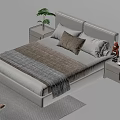 Modern Double Bed With Light Gray Headboard Stylish Bedding And Bedside Tables With Green Plant