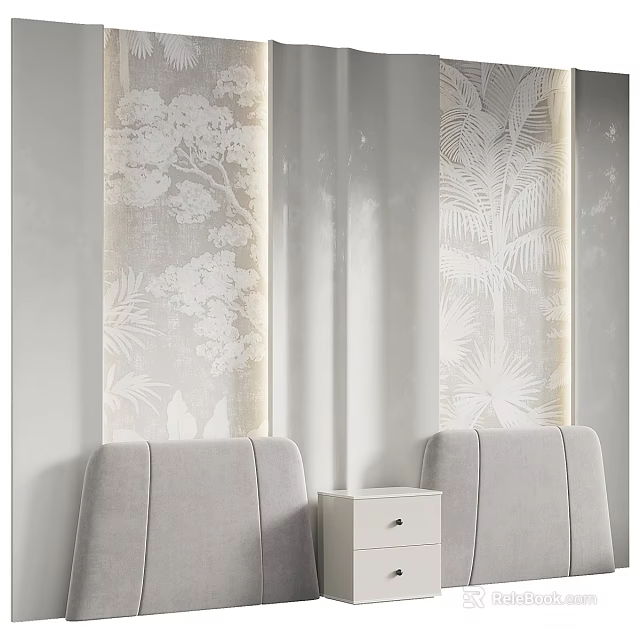 Stylish Bed Background Wall With Leaf Pattern Gray Headboard And White Nightstand 3d model