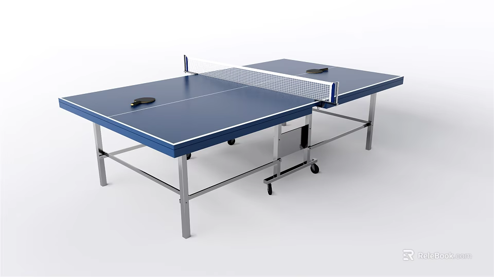 Blue Ping Pong Table With White Net Black Paddles And Metal Frame On Wheels 3d model 