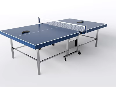 Blue Ping Pong Table With White Net Black Paddles And Metal Frame On Wheels 3d model