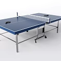 Blue Ping Pong Table With White Net Black Paddles And Metal Frame On Wheels