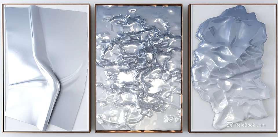 Silver Abstract Wall Art With Metallic Flowing Texture And Gold Frame Design 3d model