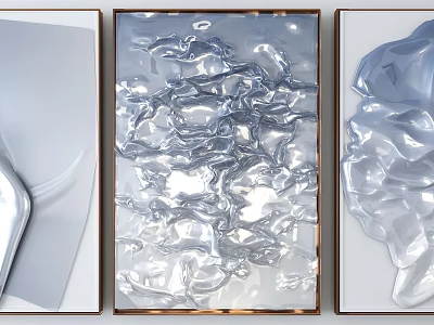Silver Abstract Wall Art With Metallic Flowing Texture And Gold Frame Design 3d model