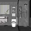 Elegant Modern Bathroom Interior With Marble Walls Large Mirror White Vanity Toilet Shower And Plant