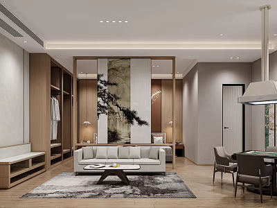 Elegant Modern Hotel Guest Room Interior With Wooden Wardrobe Sofa Coffee Table And Decorative Painting 3d model
