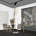 Modern Interior With Light Curtains And Large Window View Of Trees And Garden