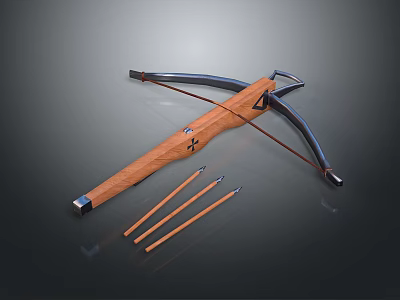 Traditional Weapon Wooden Bow with Three Arrows and Metal Components Detailed Design 3d model