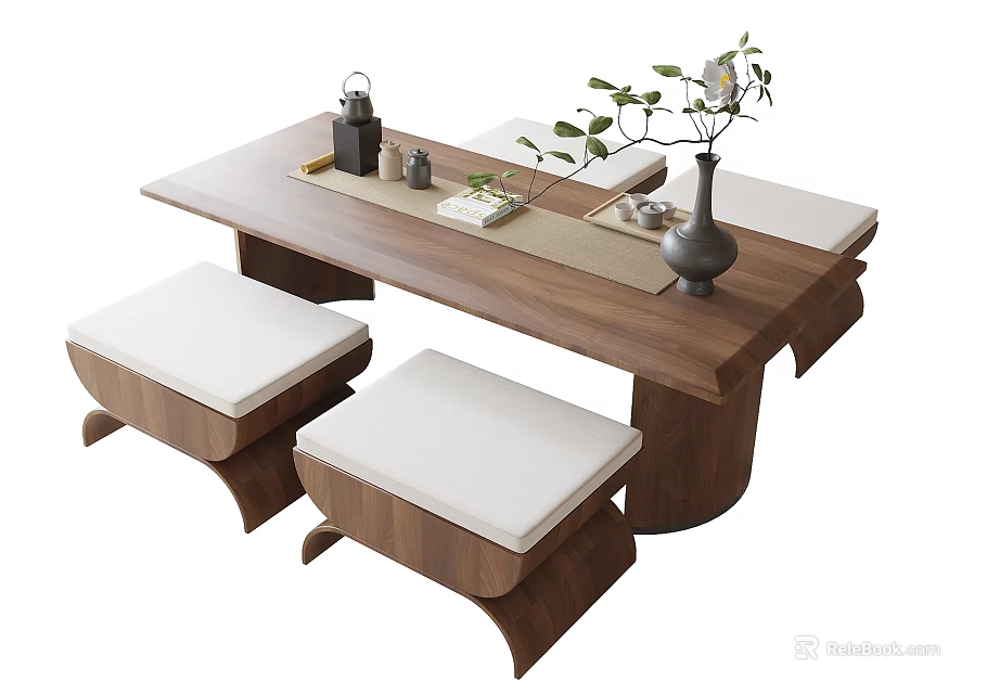 Walnut Wooden Tea Table with Stools Tea Set and Green Plant Decor 3d model