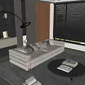 Modern Living Room With Gray Sofa Throw Pillows Round Coffee Table Books And Window Blinds
