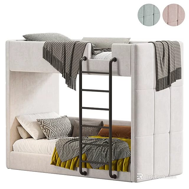 Cozy Elegant Upholstered Bunk Bed With Ladder Pillows And Throws 3d model 