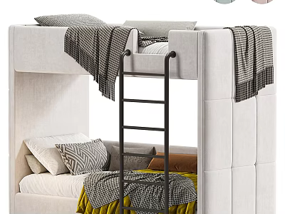 Cozy Elegant Upholstered Bunk Bed With Ladder Pillows And Throws 3d model