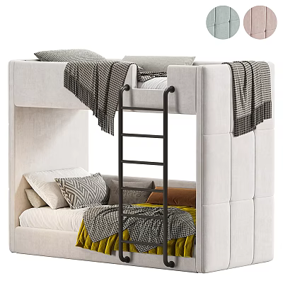 Cozy Elegant Upholstered Bunk Bed With Ladder Pillows And Throws 3d model