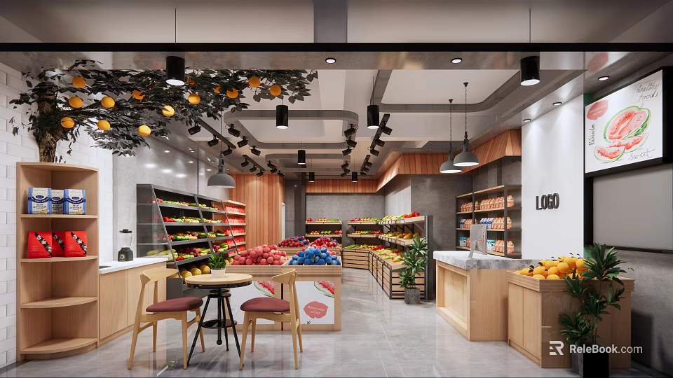 Fruit Store Interior With Fresh Fruits Wooden Shelves And Hanging Lights 3d model 